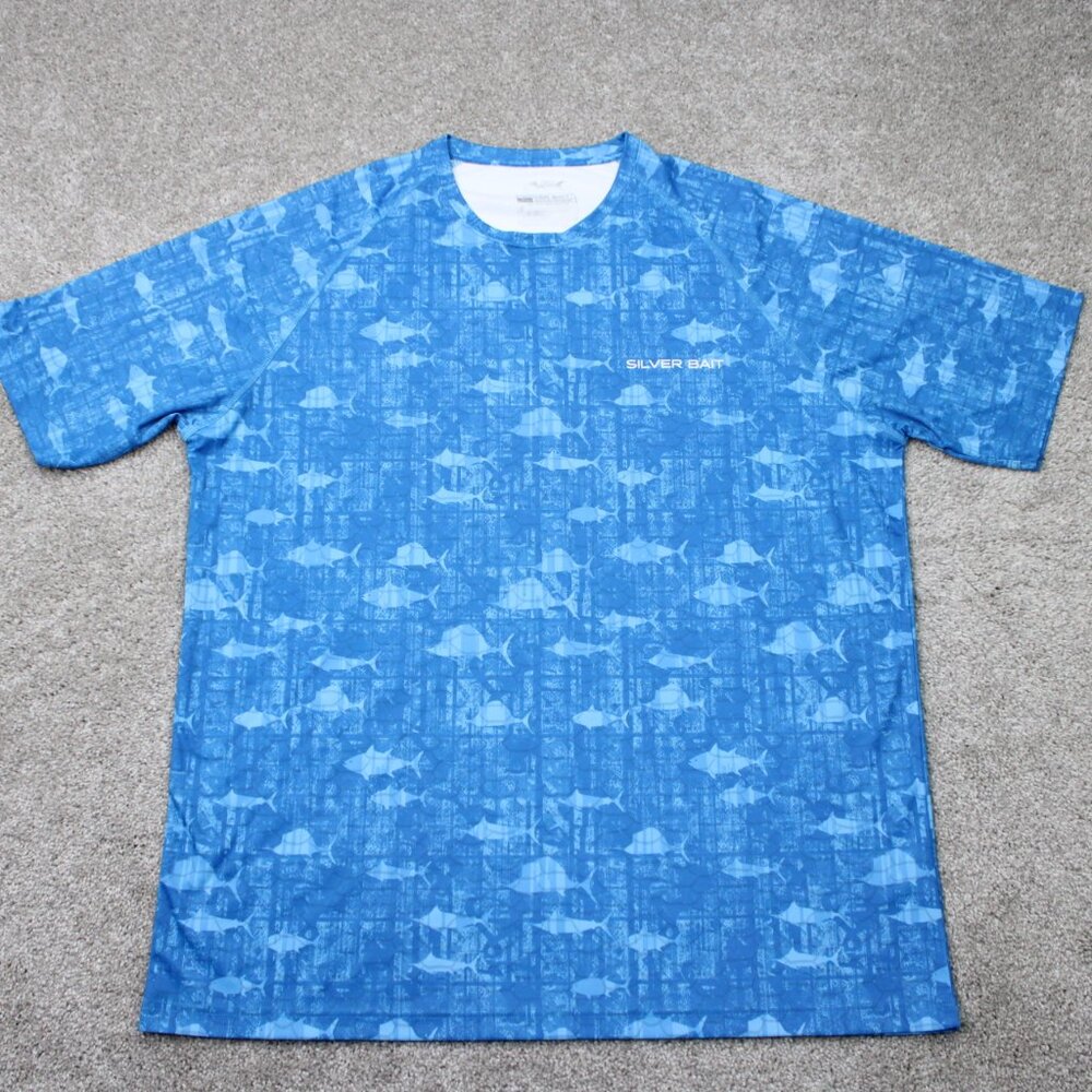 Silver Bait AOP Fishing Shirt Mens XL Blue Fish All Over Print S/S UPF‎ 50+ Poly